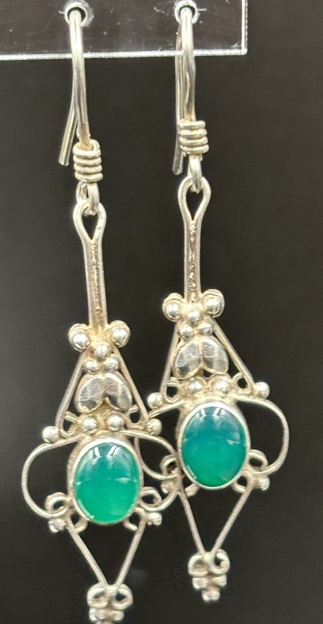 Vintage Sterling Silver Green Onyx Earrings Boho Filigree Dangle 925