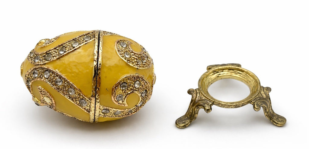 Fabergé Style Yellow Enamel Egg Trinket Box on Stand Jeweled Vintage Collectible