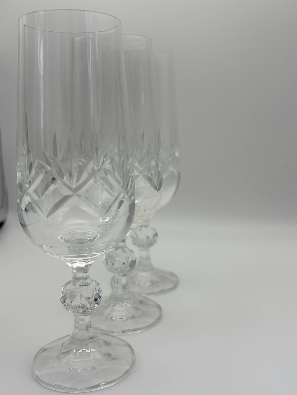 Vintage Cut Crystal Ball Stem Champagne Flutes Set of 3 Glassware