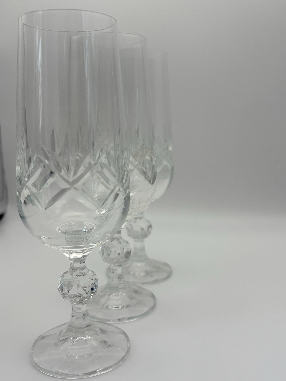 Vintage Cut Crystal Ball Stem Champagne Flutes Set of 3 Glassware