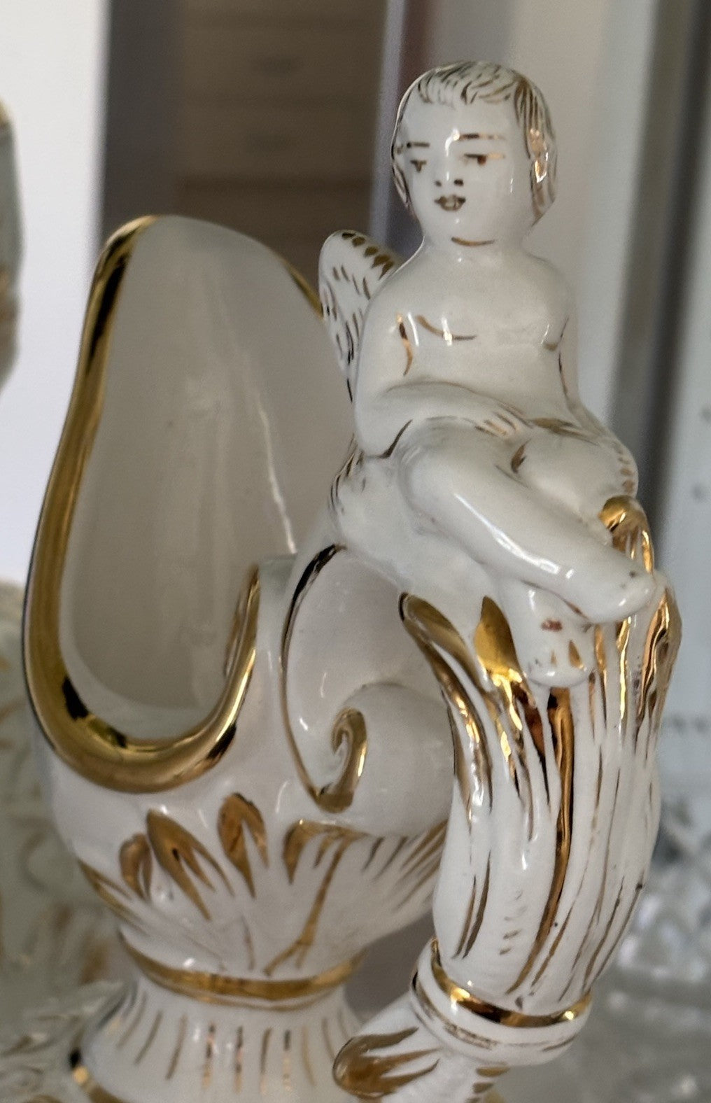 Vintage Capodimonte Italian Porcelain Cherub Ewer Vase Hand Painted Gold Gilt