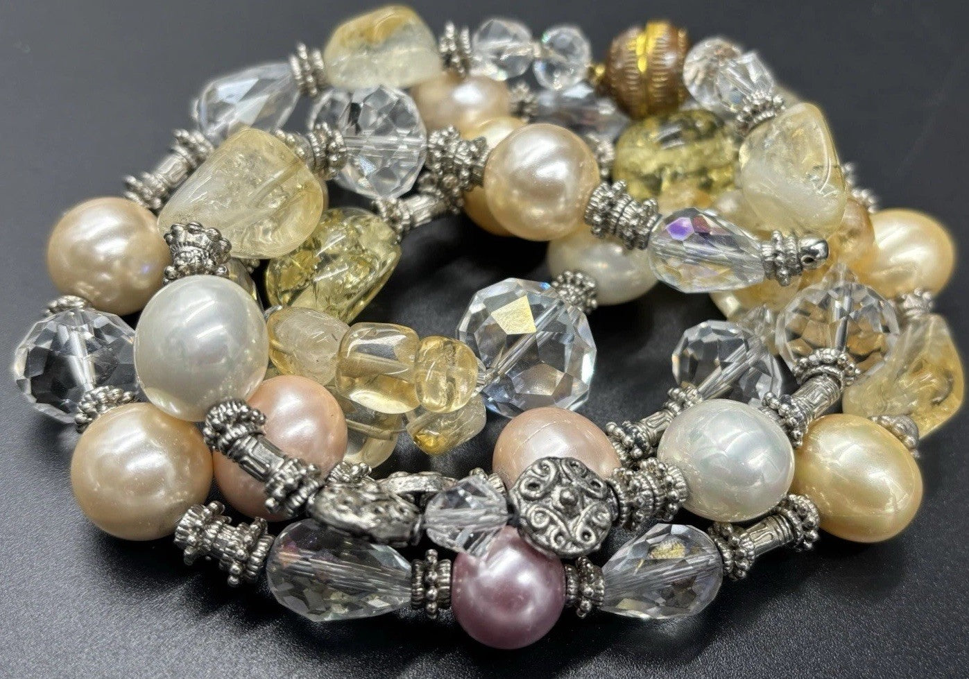 Vintage Pearl and Crystal Necklace Silver Accents Citrine Style Beads