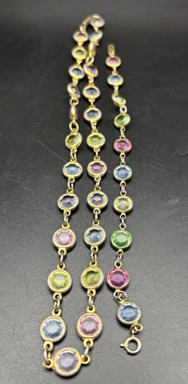 Vintage Pastel Glass Rivière Necklace Bracelet Set UV Reactive Gold Tone