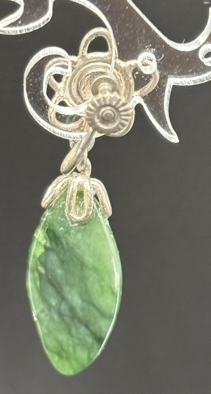 Vintage Silver Nephrite Jade Earrings Screw Back Floral Drop Jewelry 1950s