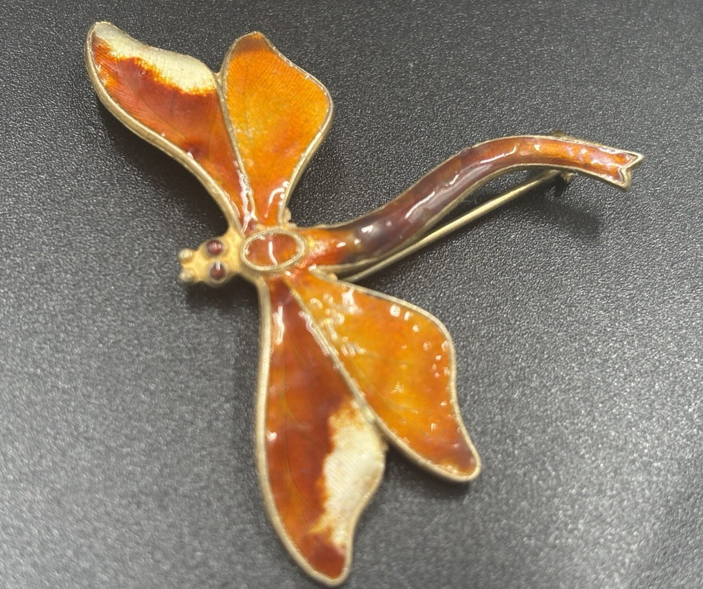 Antique Silver Plique A Jour Enamel Dragonfly Brooch Pin