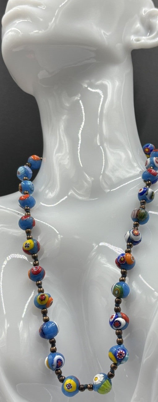 Vintage Murano Millefiori Glass Necklace Blue Beads Venetian 1950s Italy