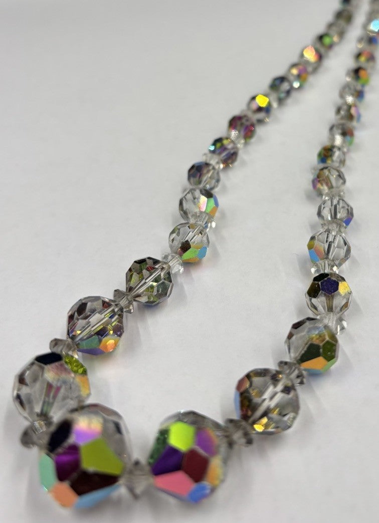 Vintage Aurora Borealis Crystal Bead Necklace Faceted Glass, Mid-Century
