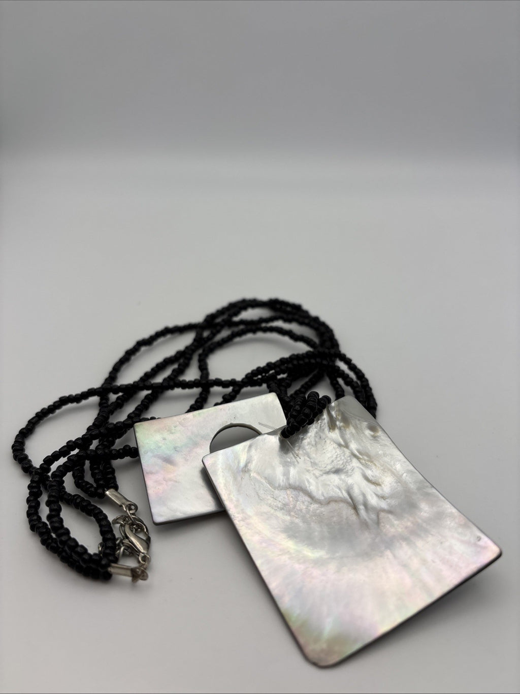 Mother of Pearl Shell Pendant Necklace Black Beaded Strand