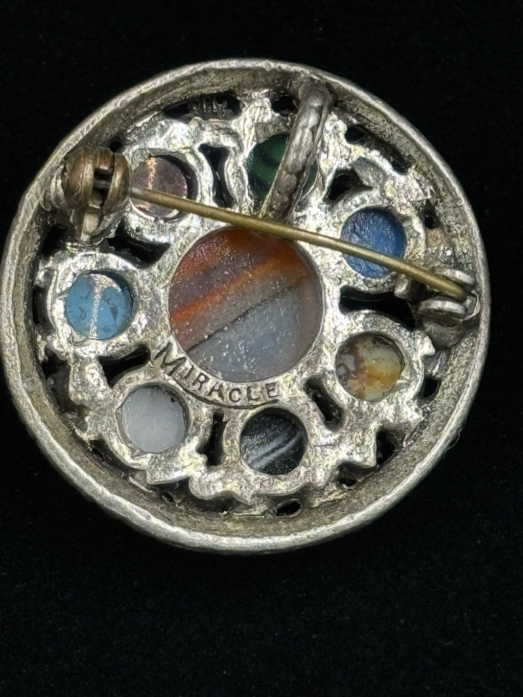 Vintage Miracle Scottish Celtic Banded Multiple Agate Glass Pin Brooch Signed