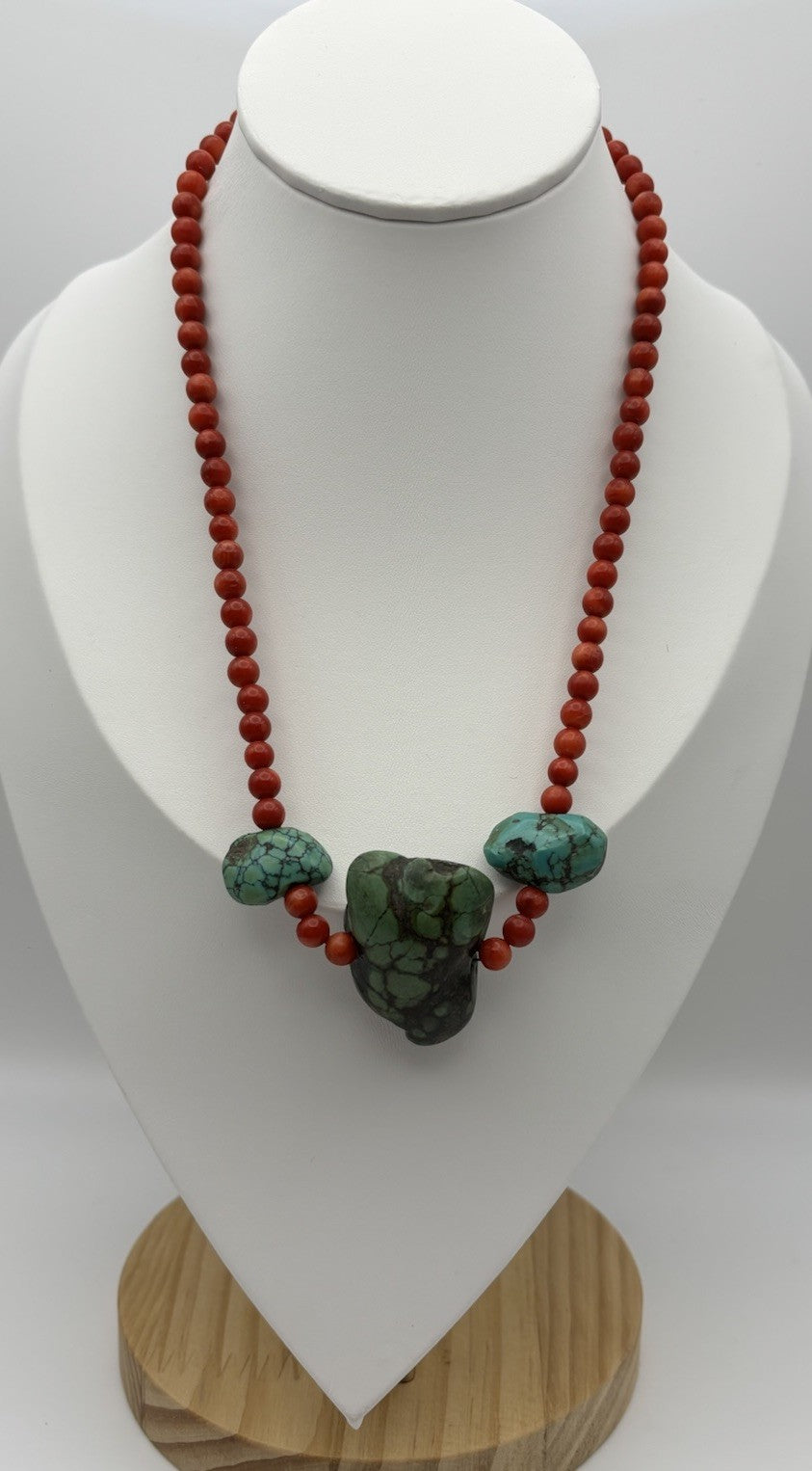 Vintage red coral bead necklace African turquoise jasper nugget accents organic