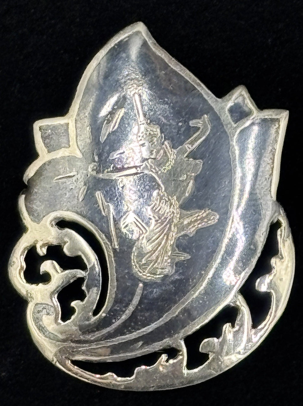 Antique Siam Sterling Silver Niello Thai Dancer Shield Brooch