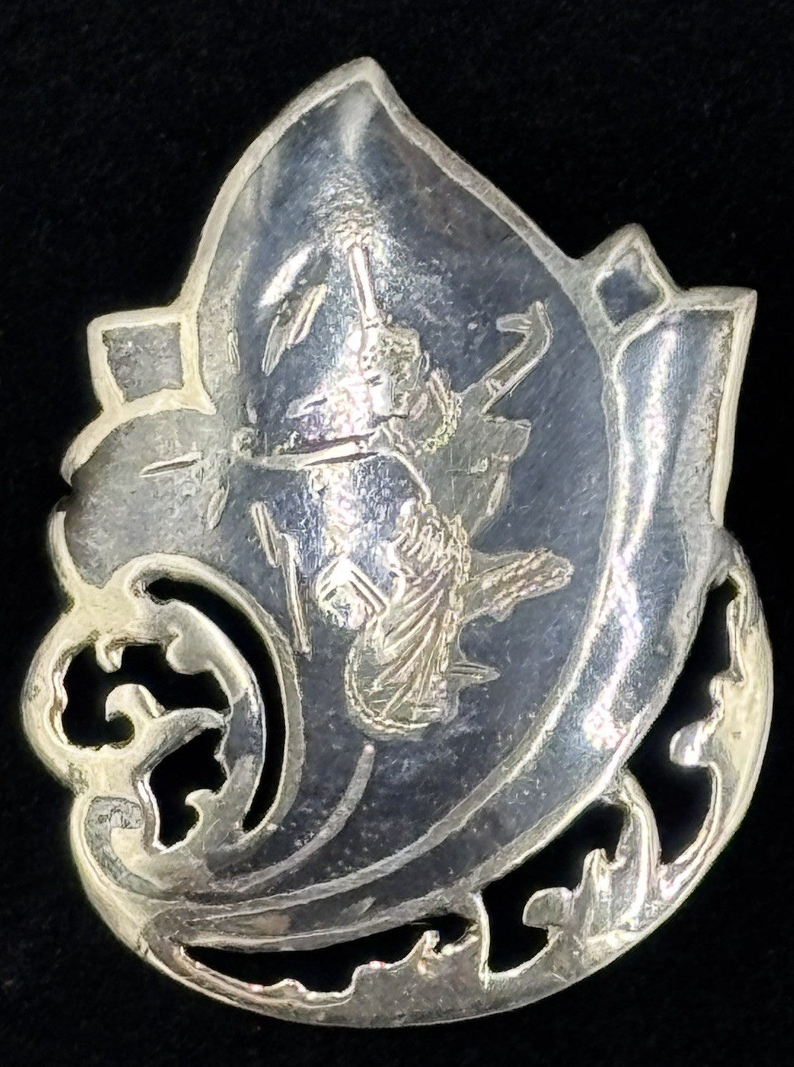 Antique Siam Sterling Silver Niello Thai Dancer Shield Brooch