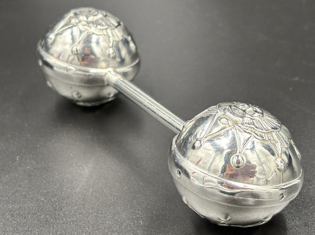 Antique Silver Baby Rattle Celestial Sun Face Repoussé