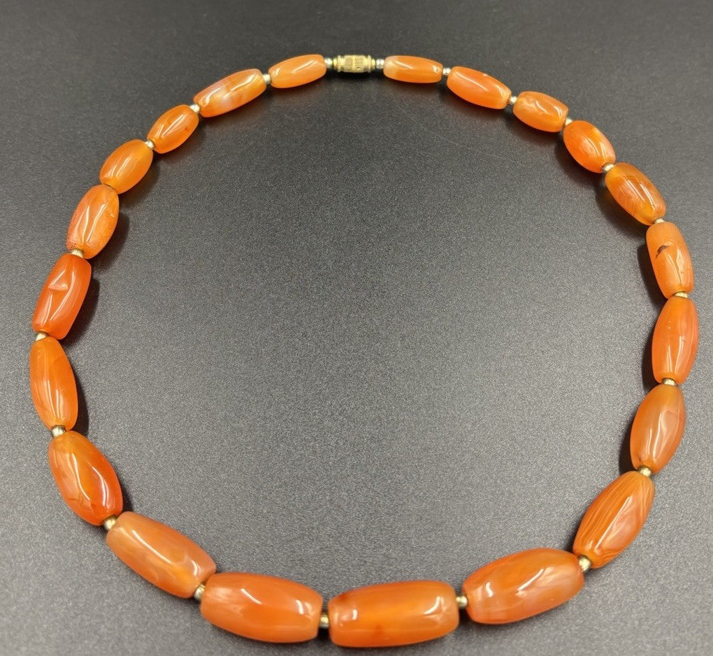 Vintage Orange Art Glass Necklace Swirled Barrel Beads, Mid-Century