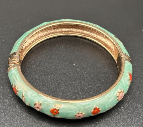 Cloisonne Enamel Baby Bangle Floral Gold Tone Hinged Child Small Size