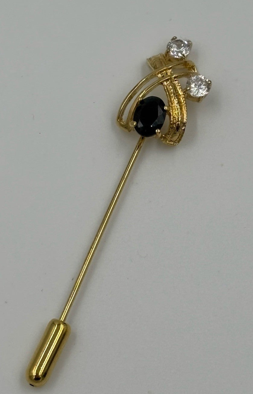 Vintage Gold Tone Stick Pin with Onyx & Clear Rhinestone Lapel Brooch