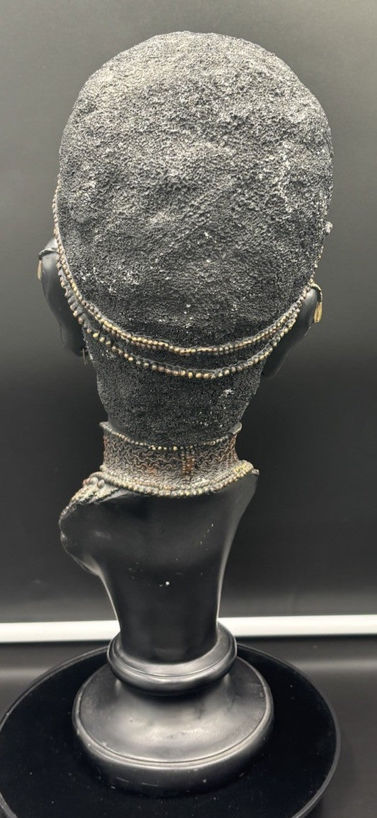 Vintage African Tribal Woman Bust – Beaded Headpiece & Necklace, Resin Sculpture