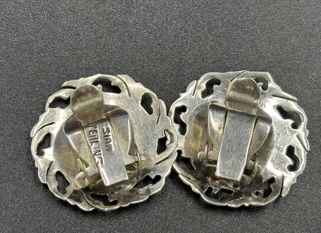 Vintage Siam Sterling Silver Clip On Earrings Thai Dancer Motif