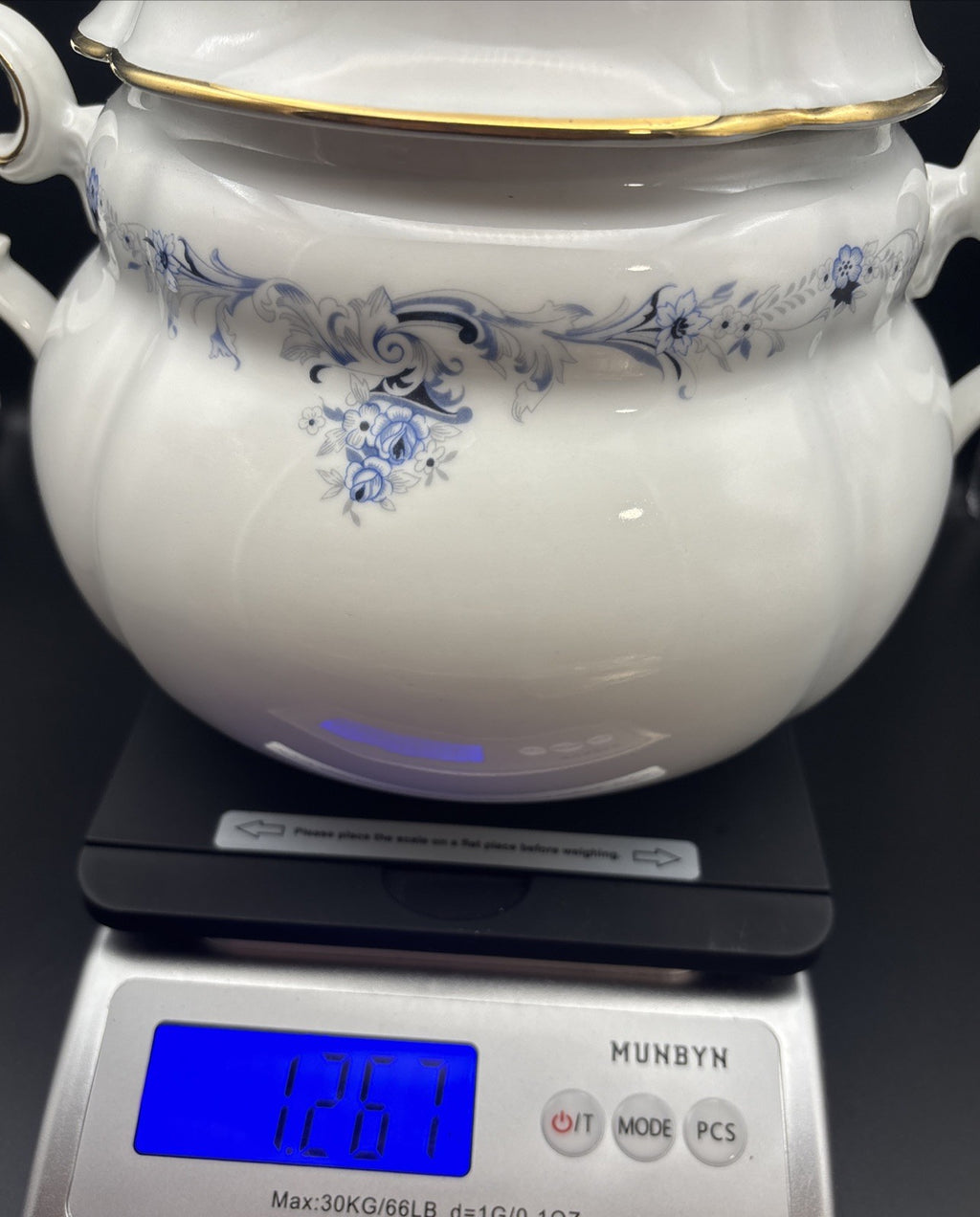 Bogucice Poland Porcelain Lidded Tureen Blue Floral Gold Gilt Rose Lid