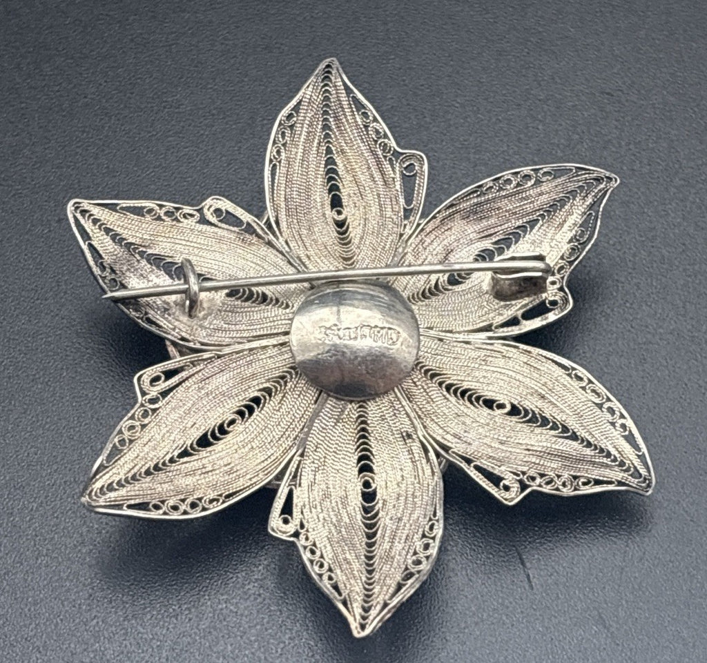 Vintage Sterling Silver Filigree Flower Brooch Large Statement European Handmade