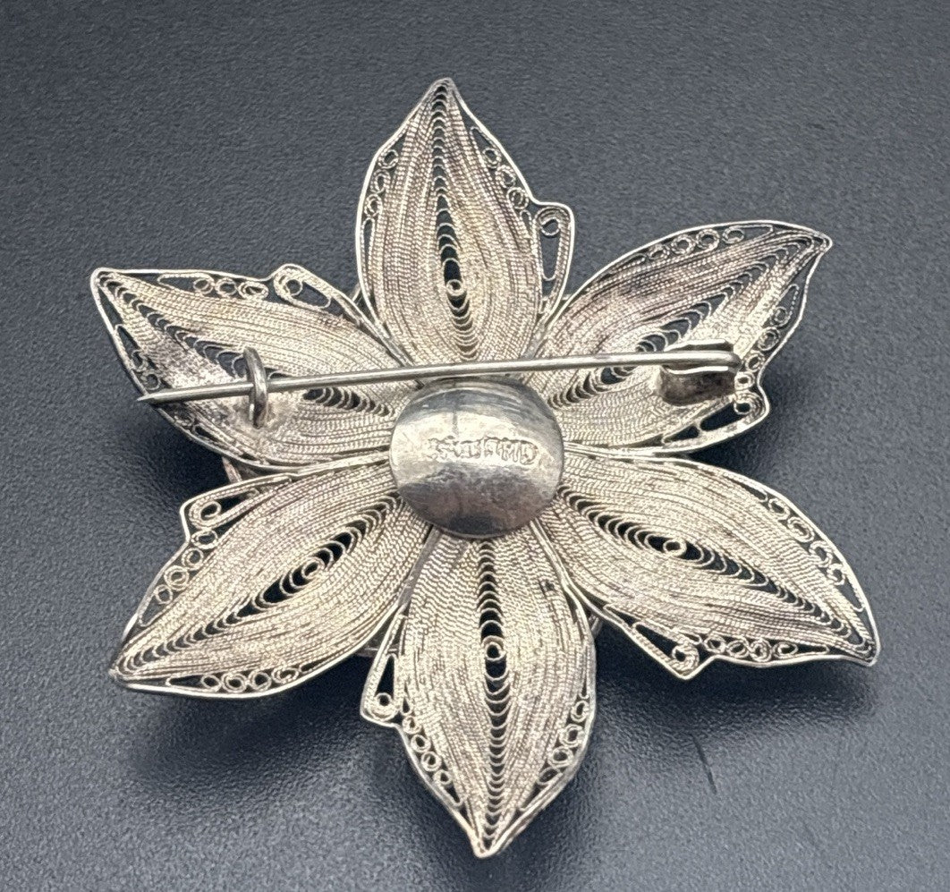 Vintage Sterling Silver Filigree Flower Brooch Large Statement European Handmade