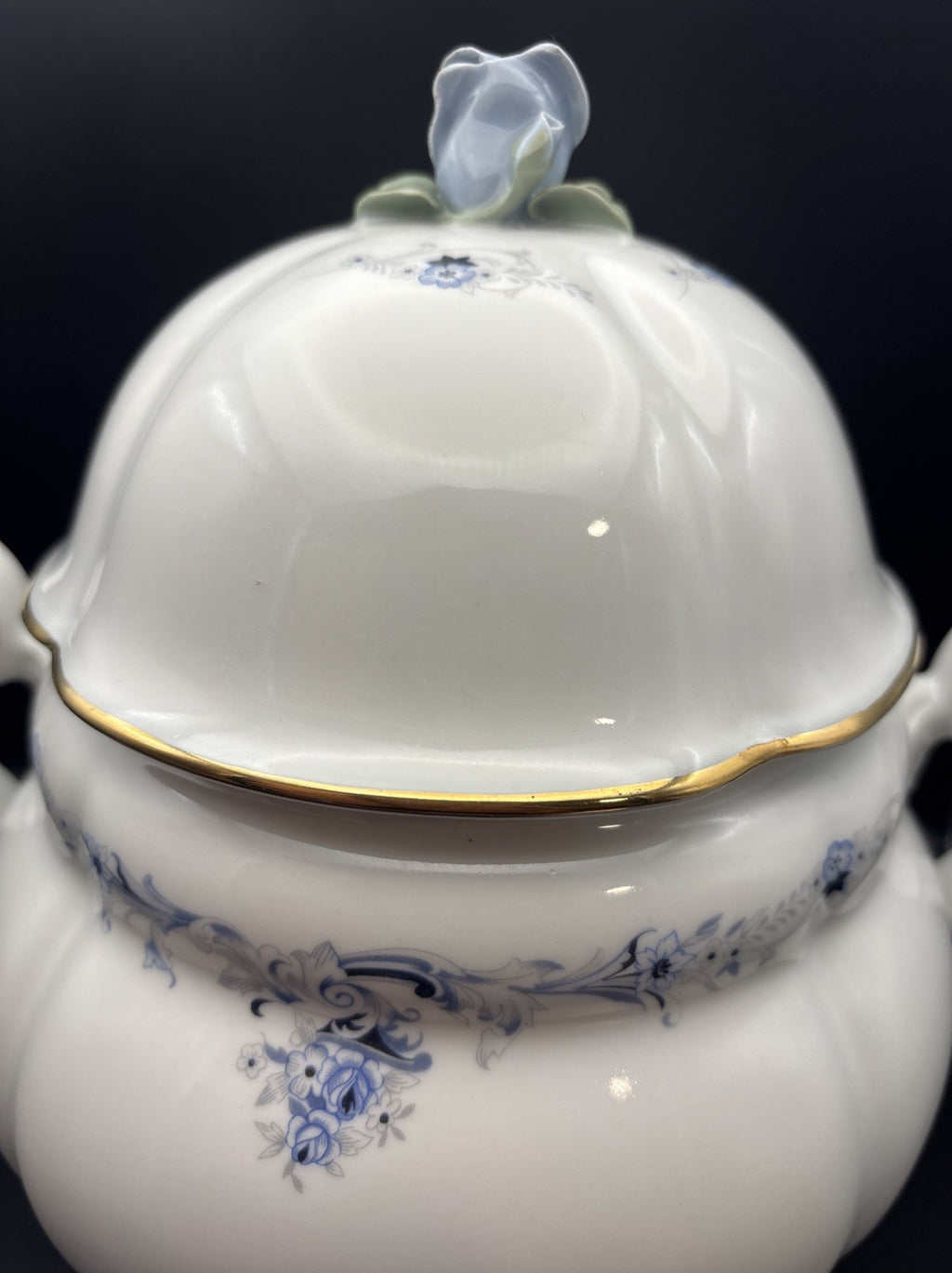Bogucice Poland Porcelain Lidded Tureen Blue Floral Gold Gilt Rose Lid