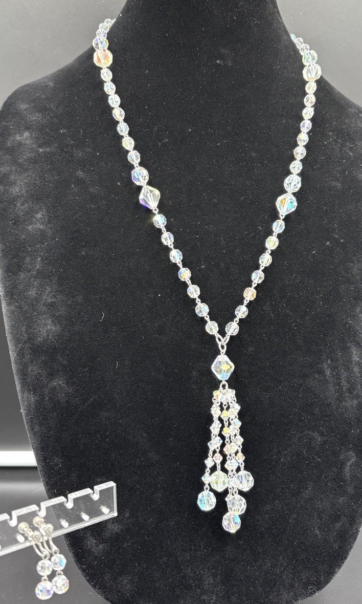 Vintage 1950s Aurora Borealis Crystal Necklace & Earrings Set Tassel Drop