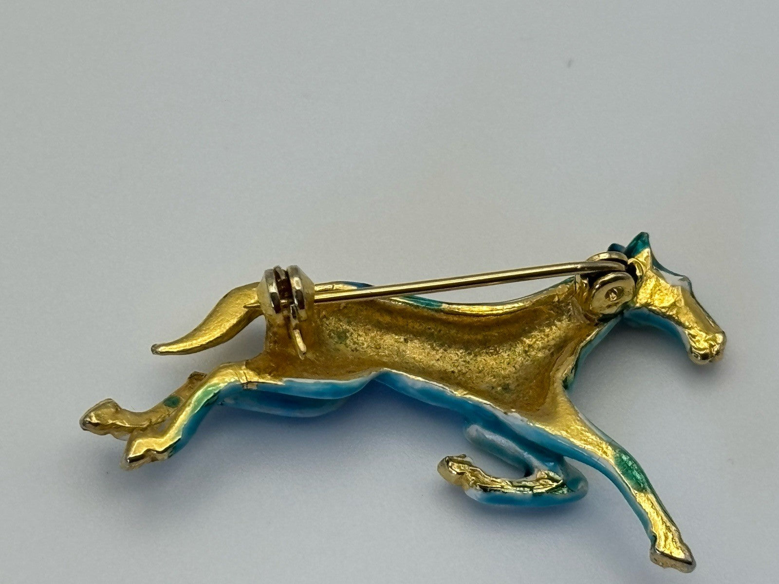 Vintage Blue Enamel Galloping Horse Brooch Gold Tone 1980s Equestrian Statement