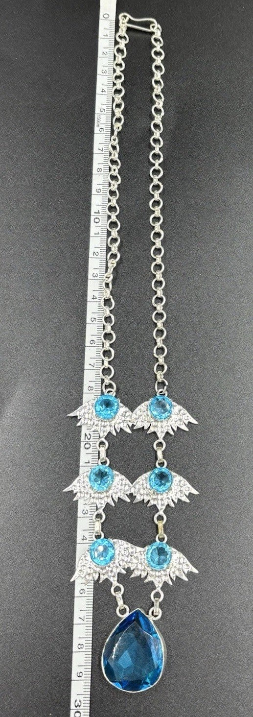 Sterling Silver Blue Crystal Angel Wings Necklace Gothic Statement 925