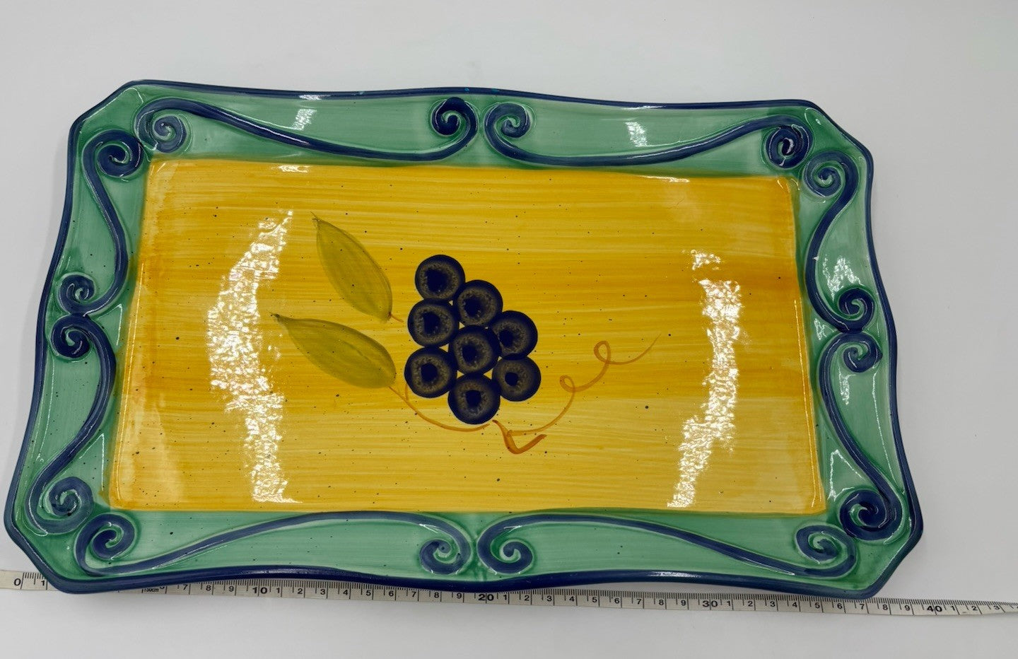 Hand Painted Ceramic Platter Grapes Scroll Border  40 cm Vintage