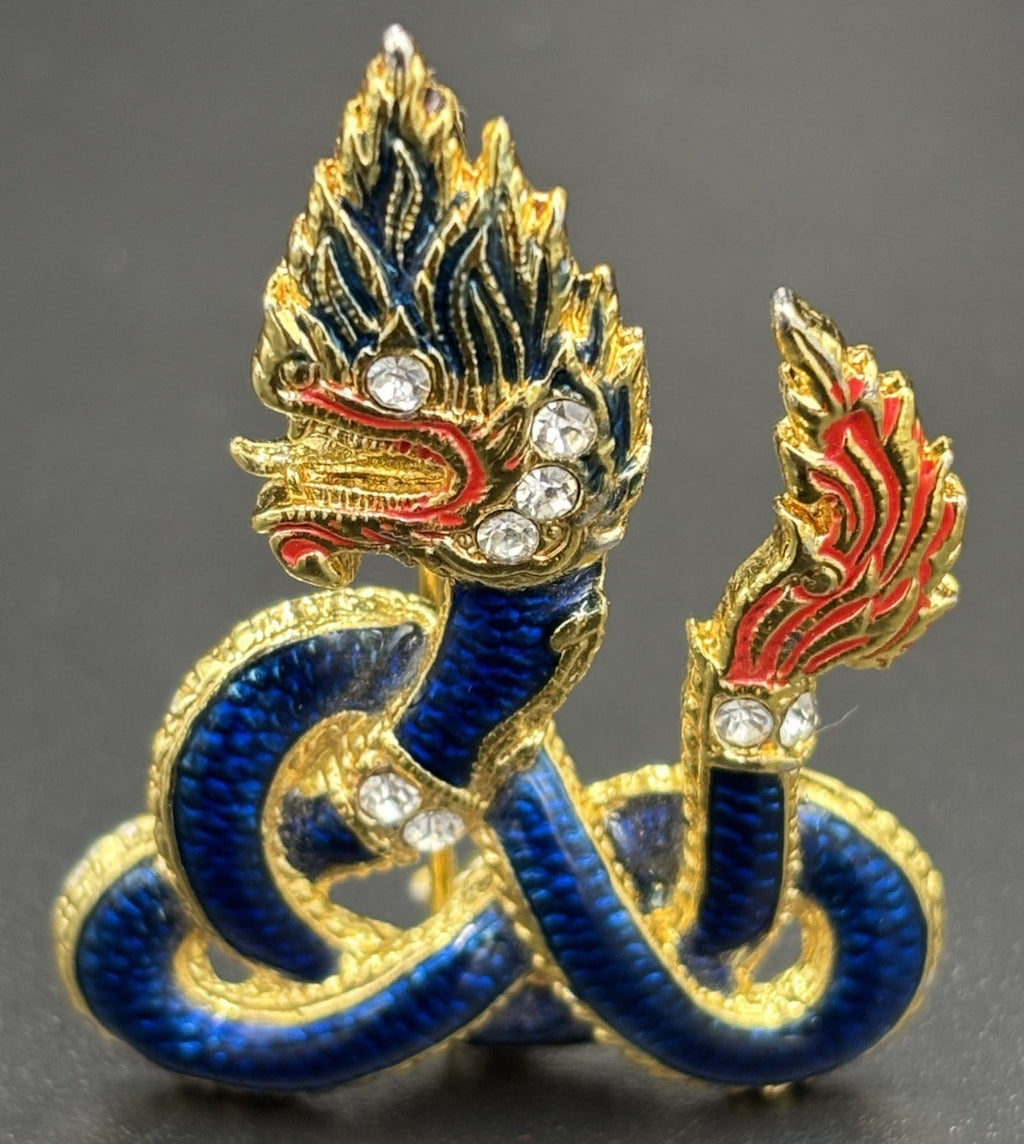 Vintage Thai Naga Serpent Brooch Blue Enamel Dragon Rhinestone Pin