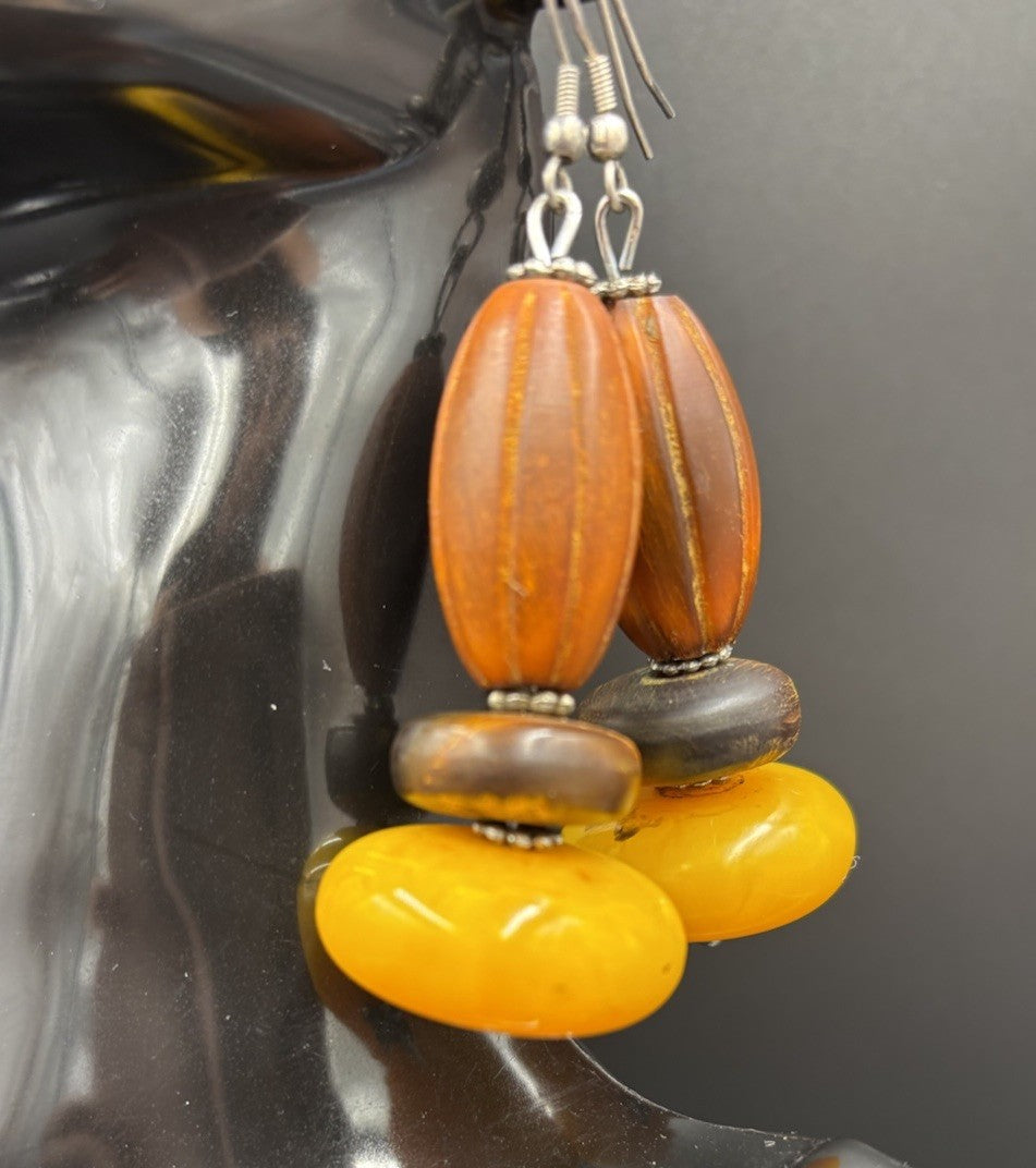 Vintage Casein Egg Yolk Earrings Chunky Marbled Butterscotch Tribal Boho Dangle