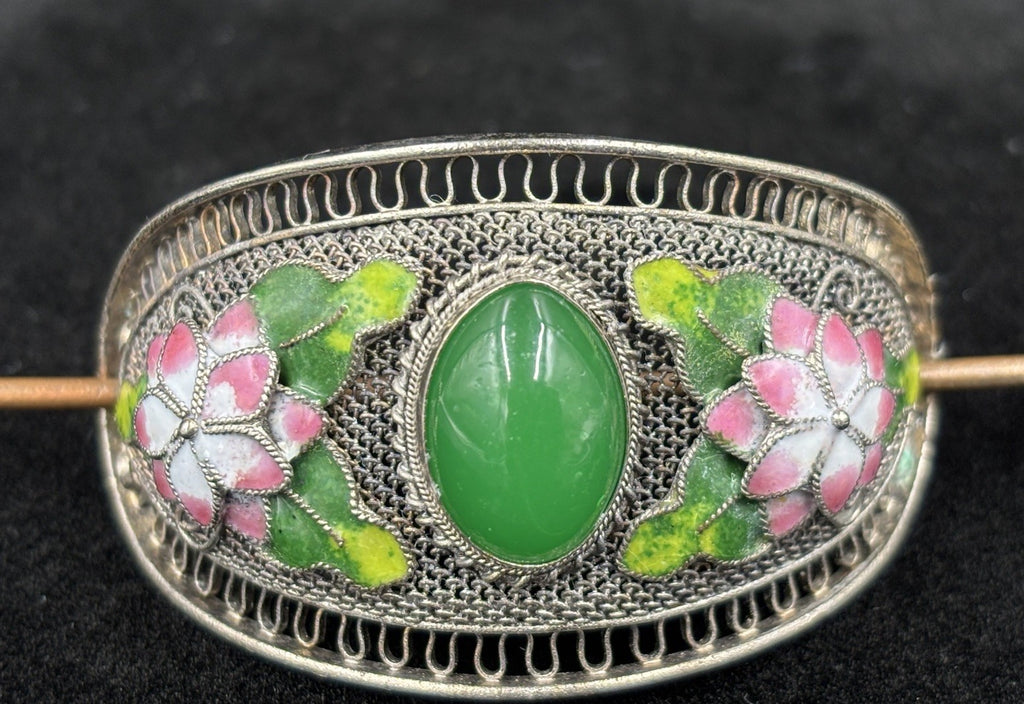 Vintage Chinese Filigree Enamel Hairpin Green Peking Glass Cabochon Beads