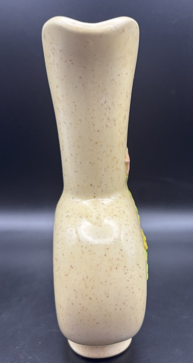 Vintage RNS Ceramic Floral Pitcher Vase Speckled Glaze Handled Jug