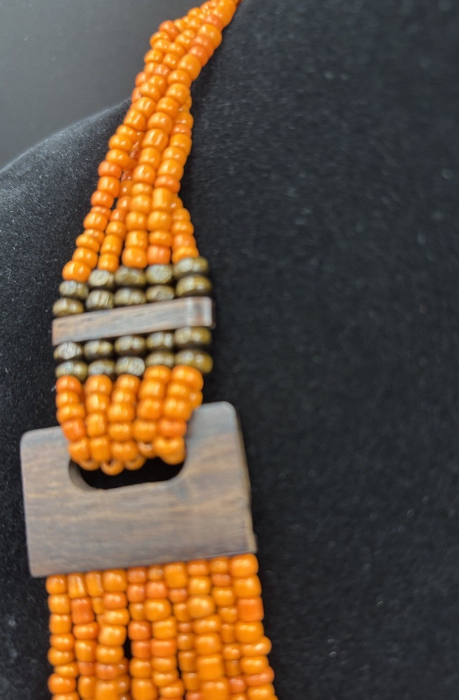 Vintage Tribal Orange Beaded Multi-Strand Necklace Wood Clasp Boho Ethnic