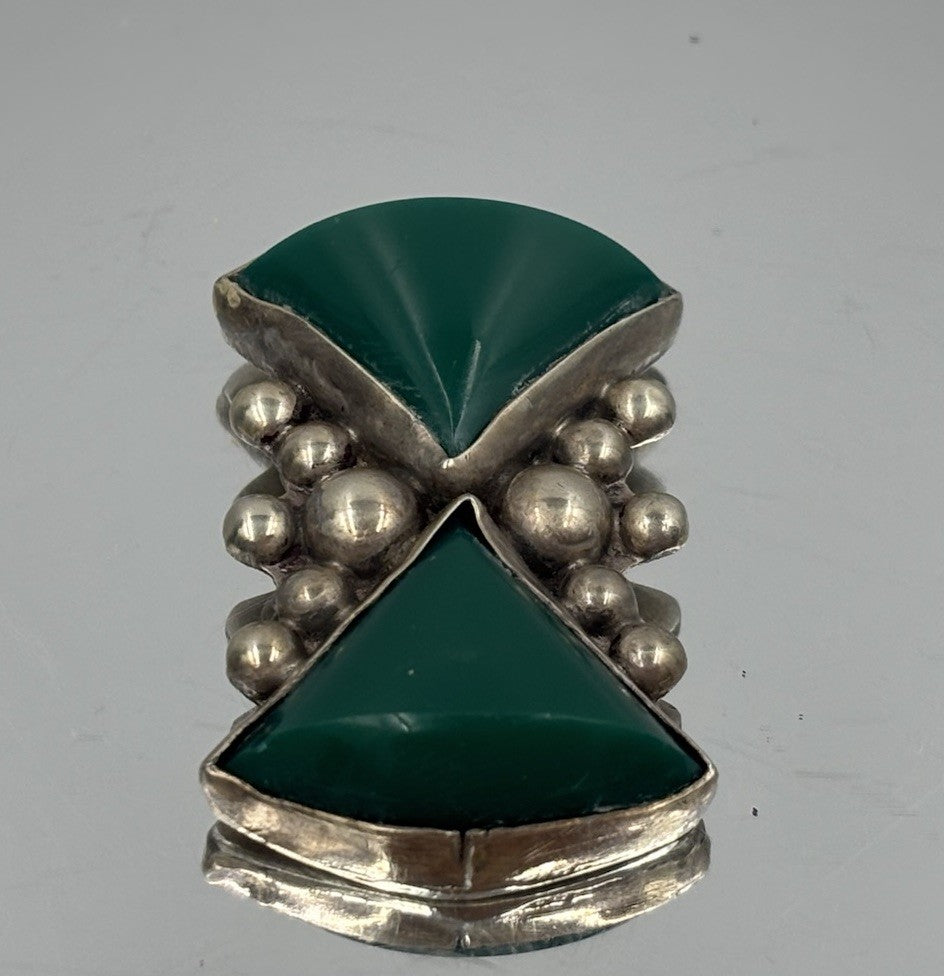 Vintage Silver Tested Green Onyx Pendant Mid Century Artisan Jewelry
