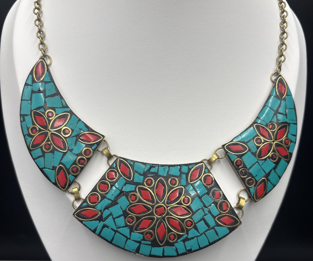 Vintage Mosaic Bib Necklace – Turquoise & Red Inlay, Nepalese/Tibetan Style