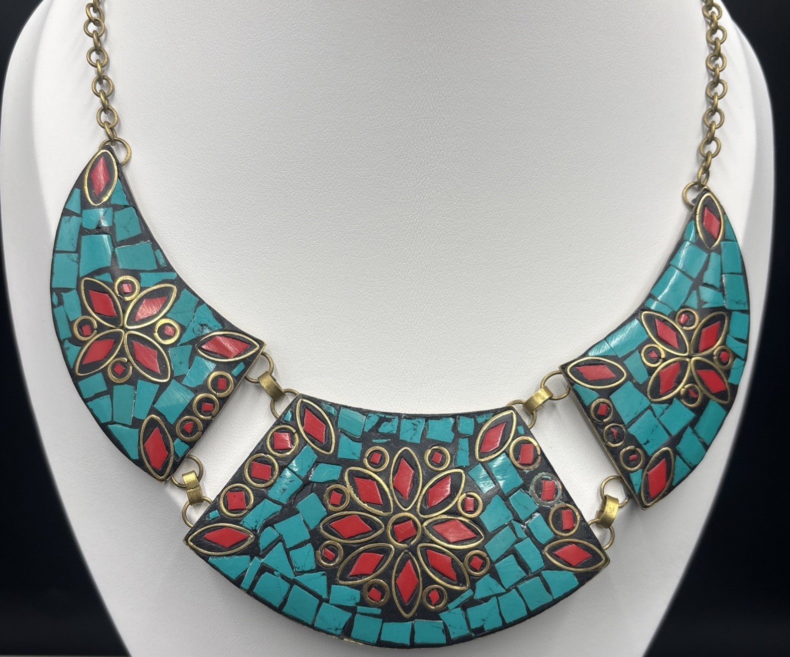 Vintage Mosaic Bib Necklace – Turquoise & Red Inlay, Nepalese/Tibetan Style