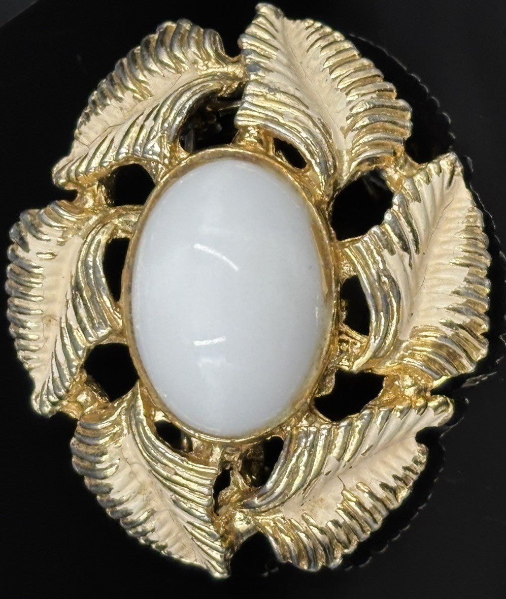 Vintage Aurora Regd Signed Oval Milk White Gold Plated Leaf Brooch Pendant