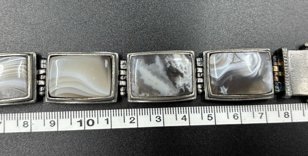 Vintage Agate Panel Bracelet – Mid Century Modernist Silver Tone Jewelry