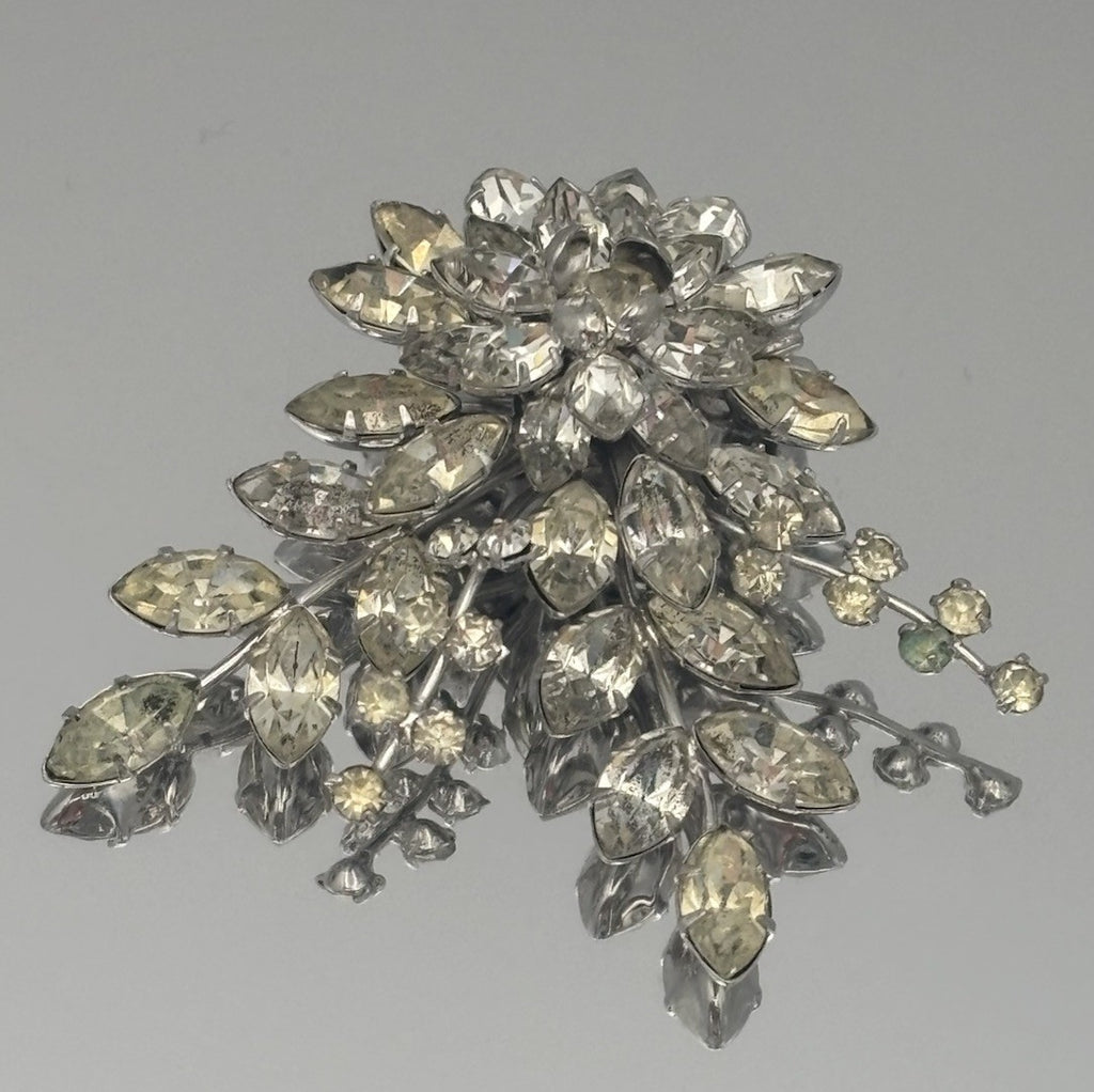 Vtg JewelCrest Brooch Donald Simpson Signed Clear Rhinestones Silver Tone