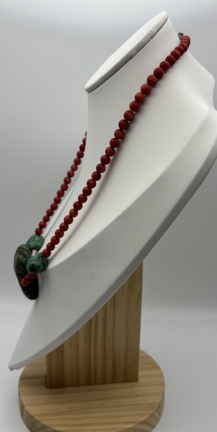 Vintage Red Imitation Coral Bead Necklace African Turquoise Jasper Nugget Stones