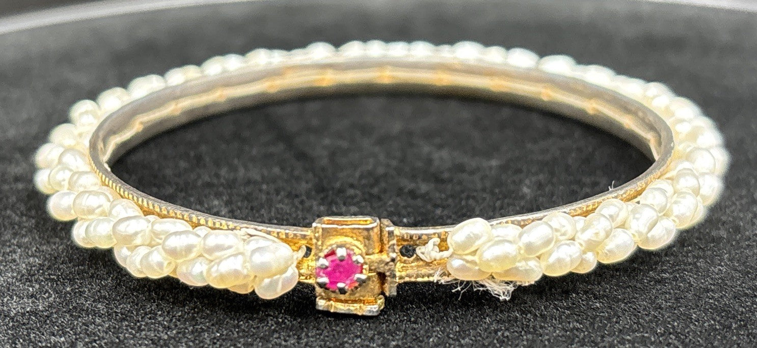 Vintage Genuine Ruby Bangle Bracelet Estate Jewelry Wrapped Genuine Rice Pearls