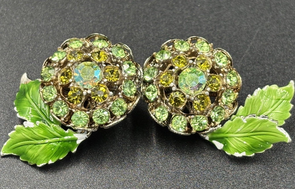 Vintage Green Rhinestone Flower Clip On Earrings Enamel Leaves Mid Century