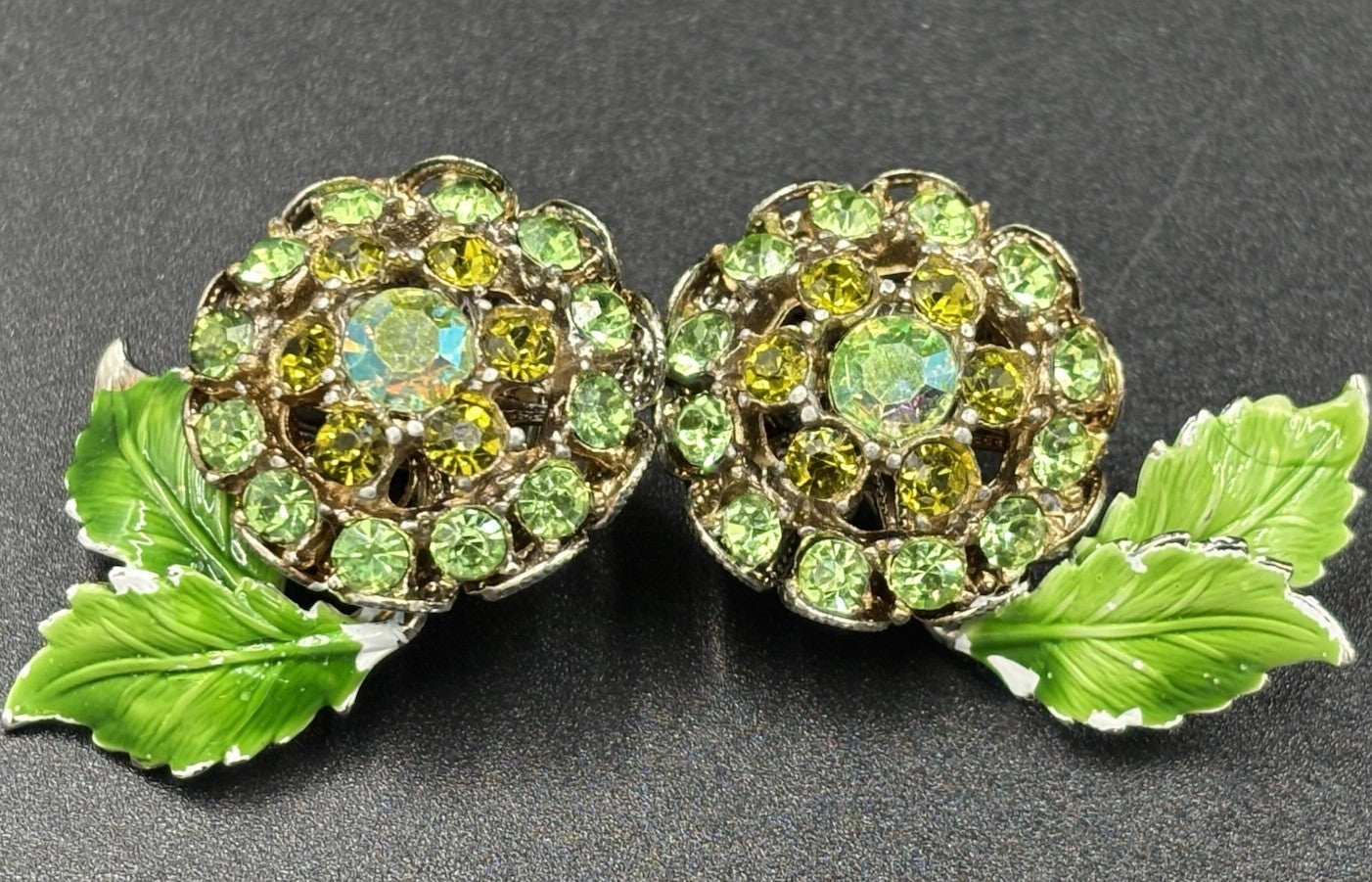 Vintage Green Rhinestone Flower Clip On Earrings Enamel Leaves Mid Century