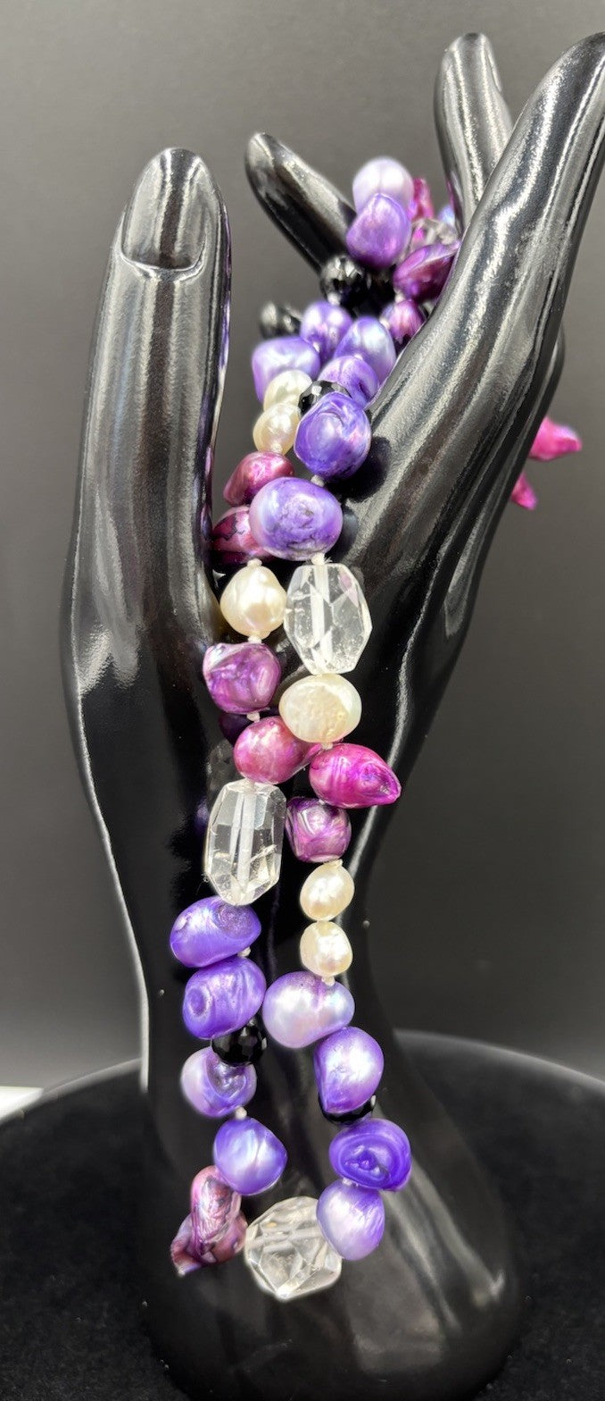 Vintage Y2K Necklace Purple Pink Freshwater Pearls Crystal Bead Strand