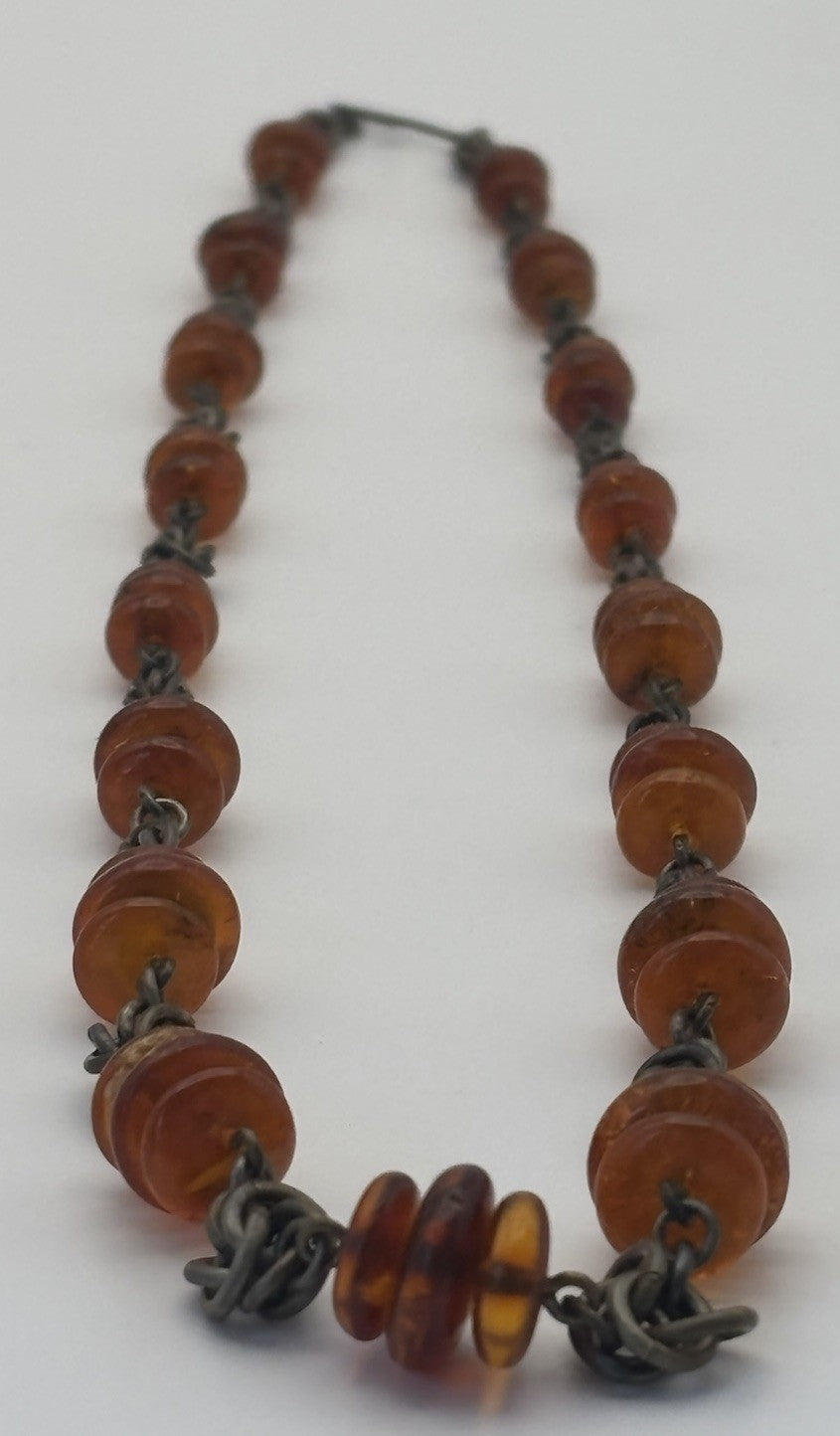 Vintage Baltic Amber Disc Bead Necklace with Oxidized Chain Choker Jewelry