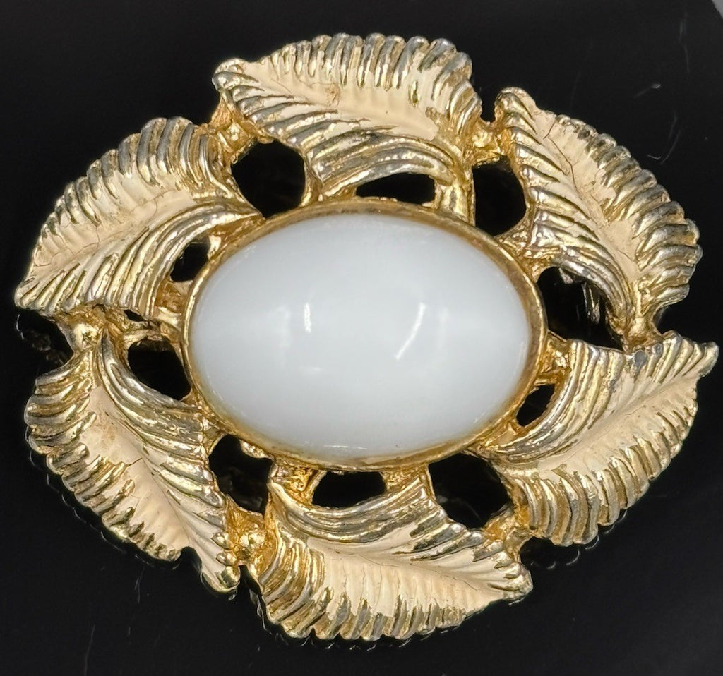 Vintage Aurora Regd Signed Oval Milk White Gold Plated Leaf Brooch Pendant