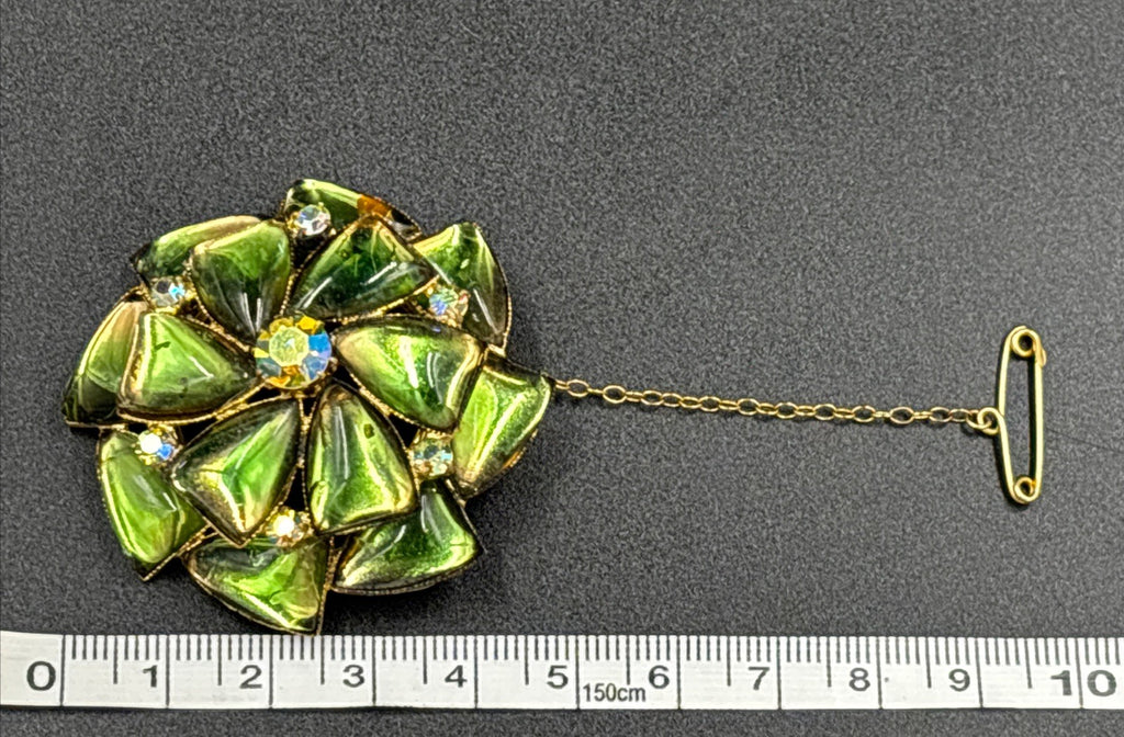Vintage Green Aurora Borealis Rhinestone Flower Brooch Gold Tone