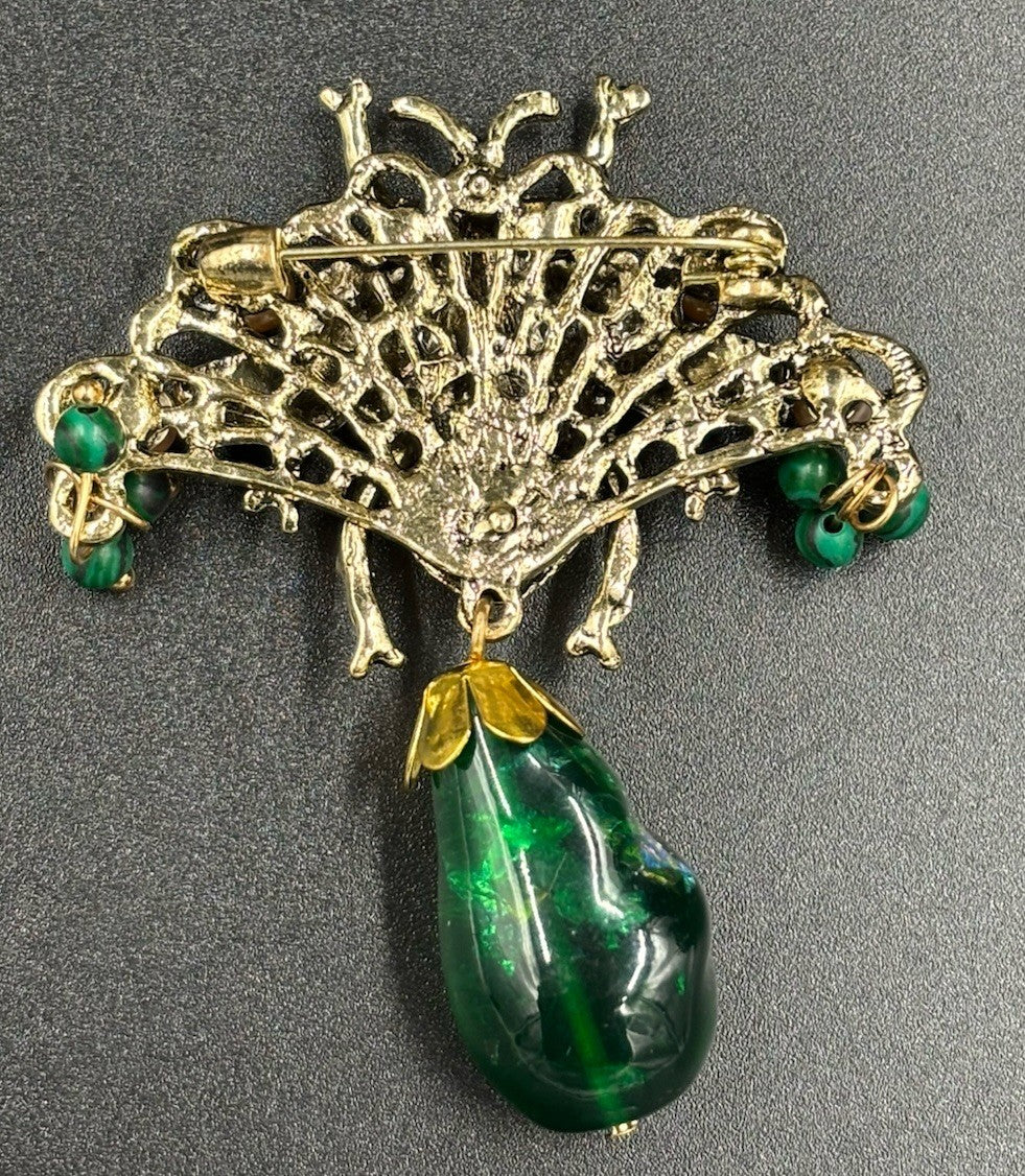 Vintage Green Crystal Women Brooch Luxury Tassel Insect Pin